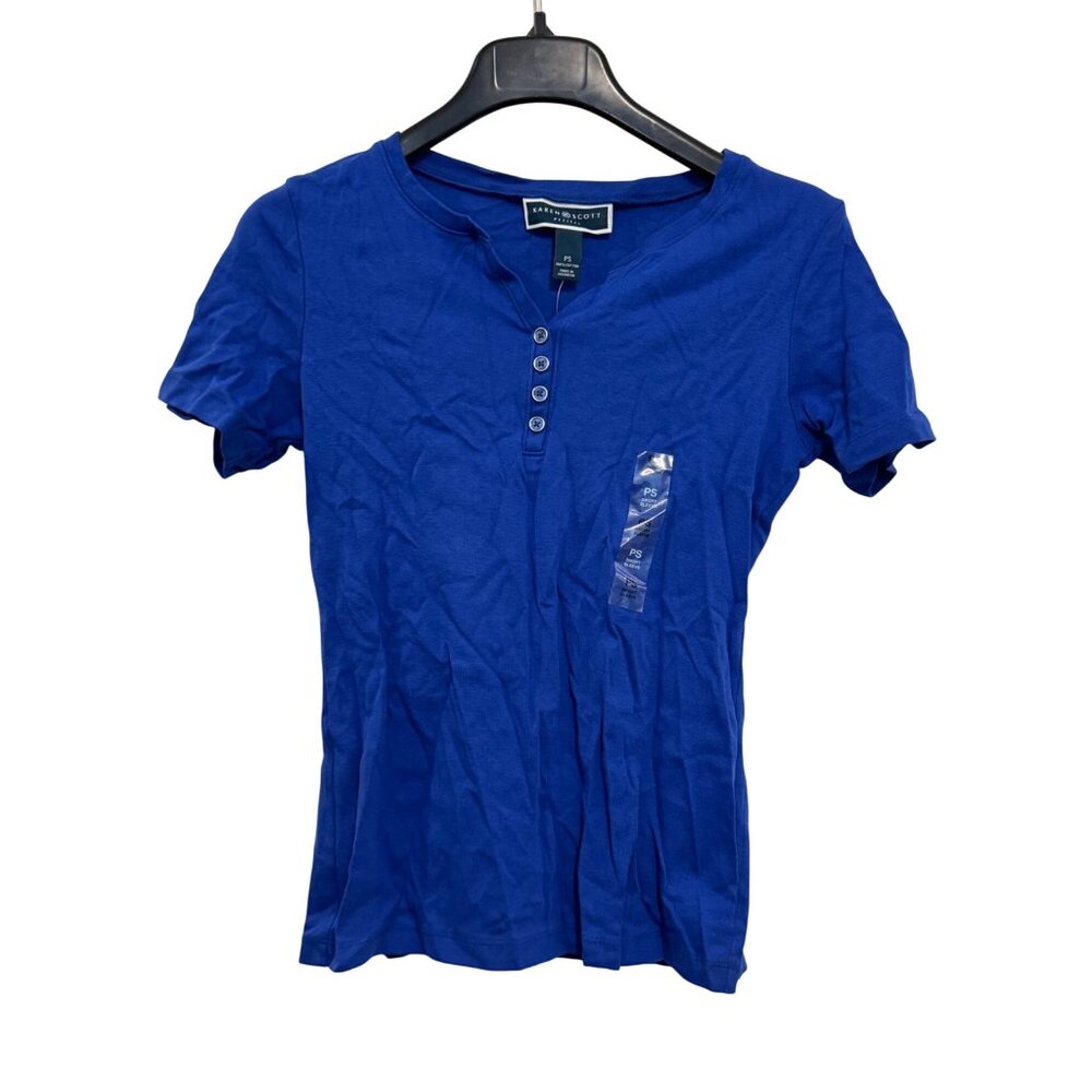 Karen Scott Petites Solid Henley Short Sleeve Shirt Women’s PS Blue 100% Cotton